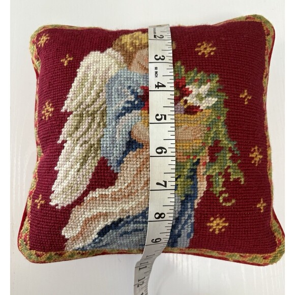 Christmas Holiday Throw Pillow Needlepoint Angel 10” Square Small Red - Picture 4 of 9